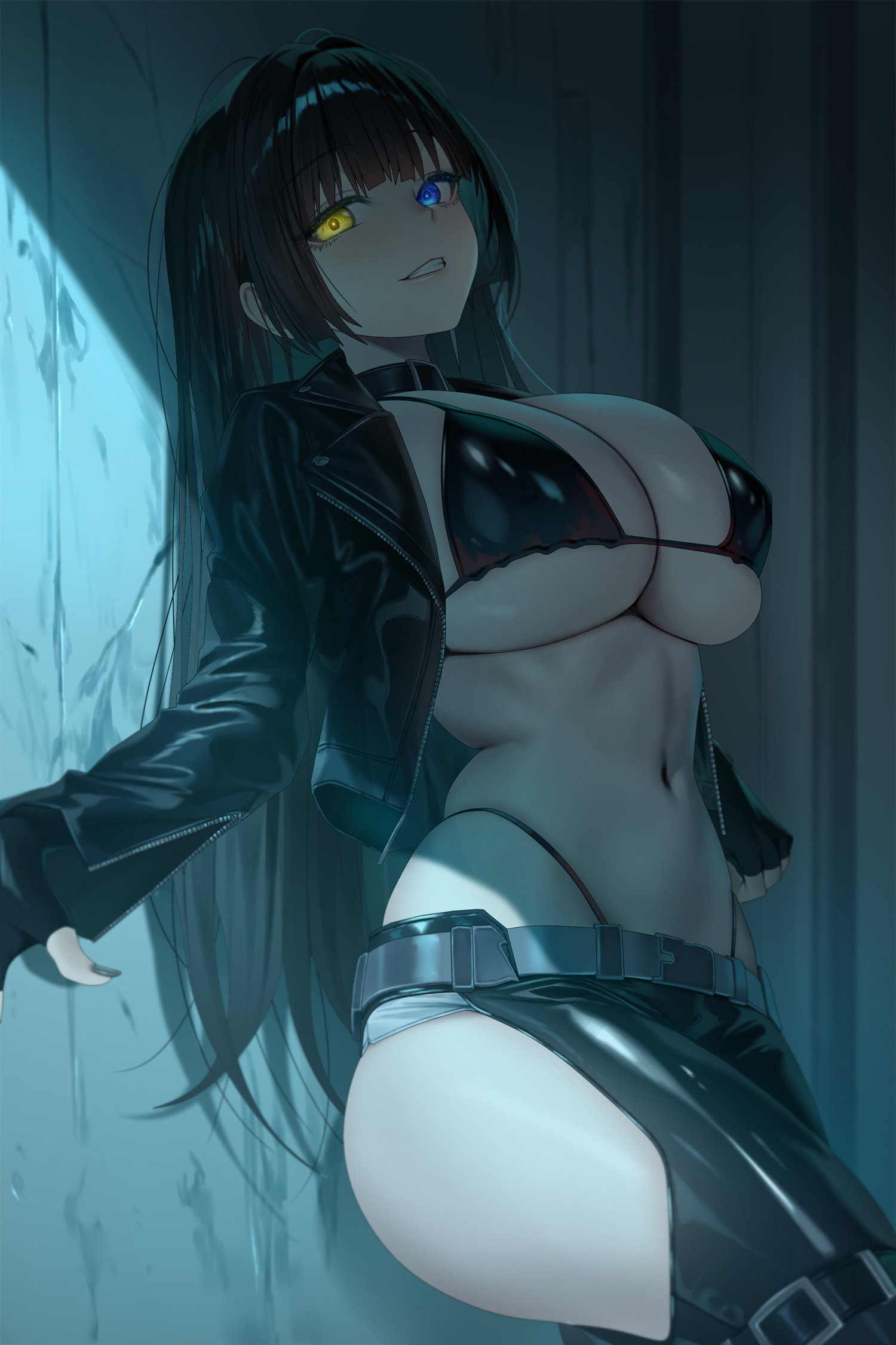ruhee, original, commission, highres, pixiv commission, 1girl, bikini, black bikini, black gloves, black hair, black jacket, blue eyes, breasts, gloves, grin, heterochromia, jacket, latex, latex legwear, looking at viewer, navel, open clothes, open jacket, skindentation, smile, solo, standing, stomach, string bikini, swimsuit, yellow eyes