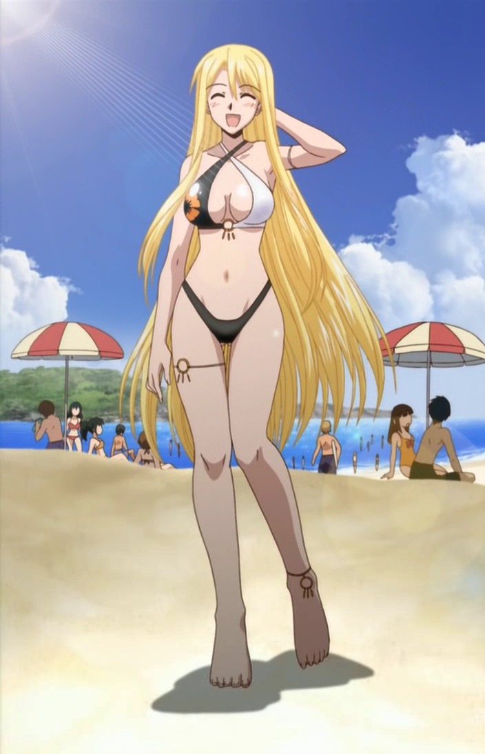 yukihiro ayaka, mahou sensei negima!, anime screenshot, stitched, third-party edit, 00s, 1girl, beach, bikini, blonde hair, breasts, cleavage, closed eyes, criss cross top, day, female focus, large breasts, long hair, outdoors, solo, swimsuit, thigh gap, thighs, very long hair