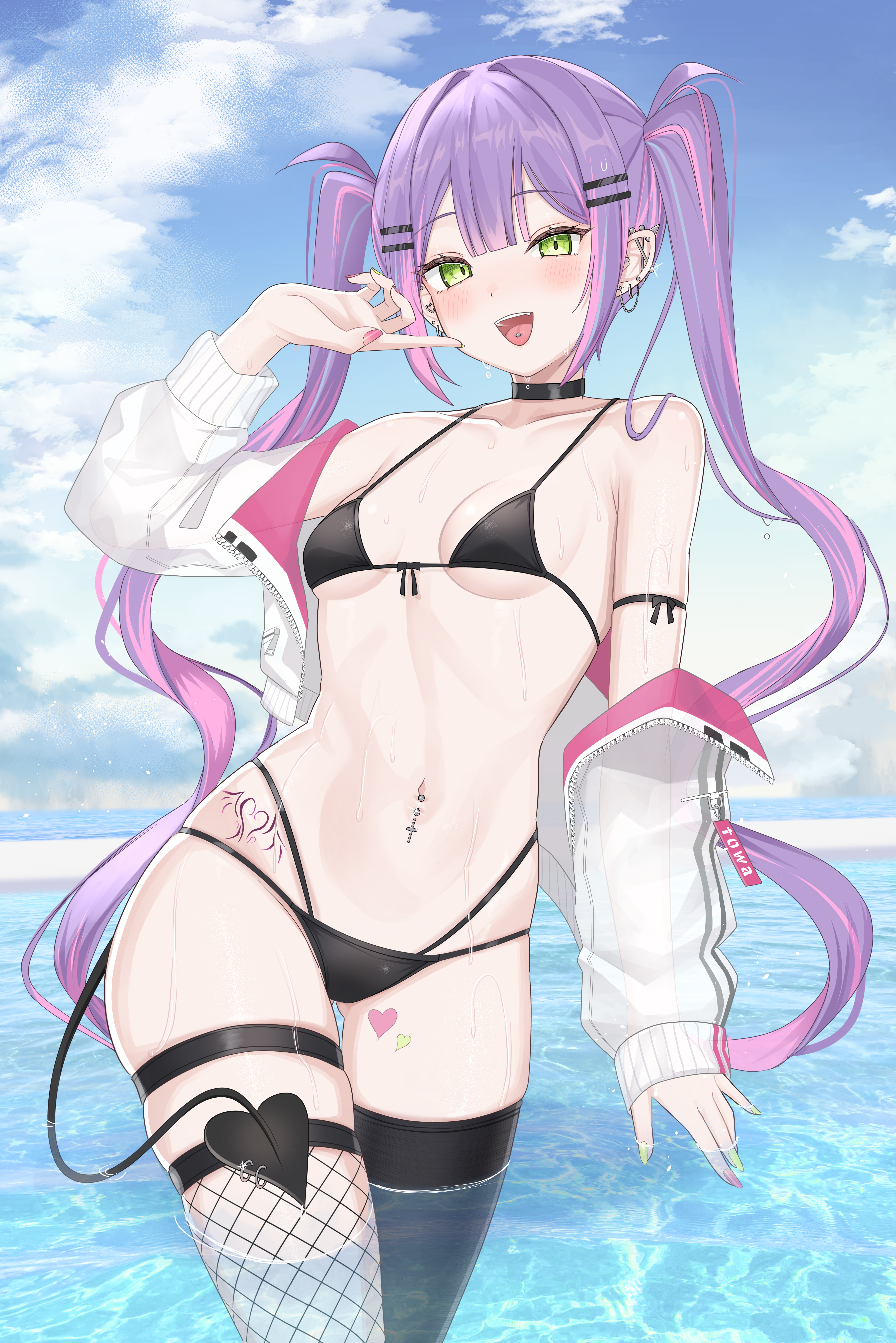 tojo aoi, tokoyami towa, hololive, absurdres, commentary request, highres, 1girl, :p, asymmetrical legwear, barbell piercing, bikini, black bikini, black choker, black thighhighs, blue sky, breasts, center-flap bangs, chain, chain earrings, choker, cloud, colored inner hair, cropped jacket, day, demon girl, demon tail, double-parted bangs, ear piercing, earrings, fishnet thighhighs, fishnets, front-tie bikini top, front-tie top, gluteal fold, green eyes, green nails, hair ornament, hairclip, hip tattoo, industrial piercing, jacket, jacket partially removed, jewelry, long hair, looking at viewer, mismatched legwear, multicolored hair, nail polish, navel, navel piercing, ocean, open mouth, outdoors, parallel hairclips, piercing, pink hair, pink nails, pointy ears, purple hair, single sleeve past wrist, sky, small breasts, solo, spiked ear piercing, stomach, streaked hair, swimsuit, tail, tail ornament, tail piercing, tattoo, thigh strap, thighhighs, tongue, tongue out, tongue piercing, twintails, virtual youtuber, wading, wet, white jacket, winged heart, winged heart tattoo