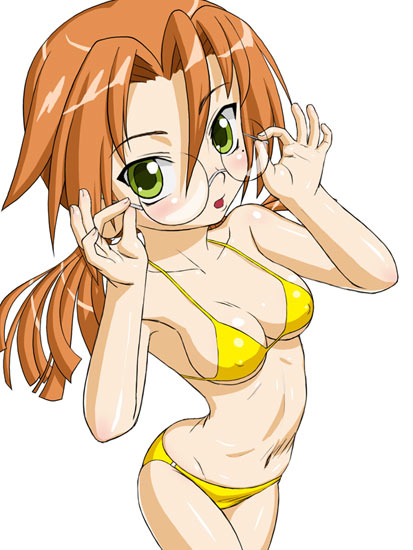 azuma satori, bamboo blade, 00s, 1girl, :o, adjusting eyewear, armpits, bikini, blush, breasts, brown eyes, cleavage, covered erect nipples, cowboy shot, female focus, from side, glasses, green eyes, hair between eyes, hands up, legs together, long hair, looking at viewer, low twintails, medium breasts, mole, mole under eye, navel, open mouth, orange hair, rimless eyewear, round eyewear, sideboob, simple background, solo, standing, swimsuit, twintails, underboob, white background, yellow bikini