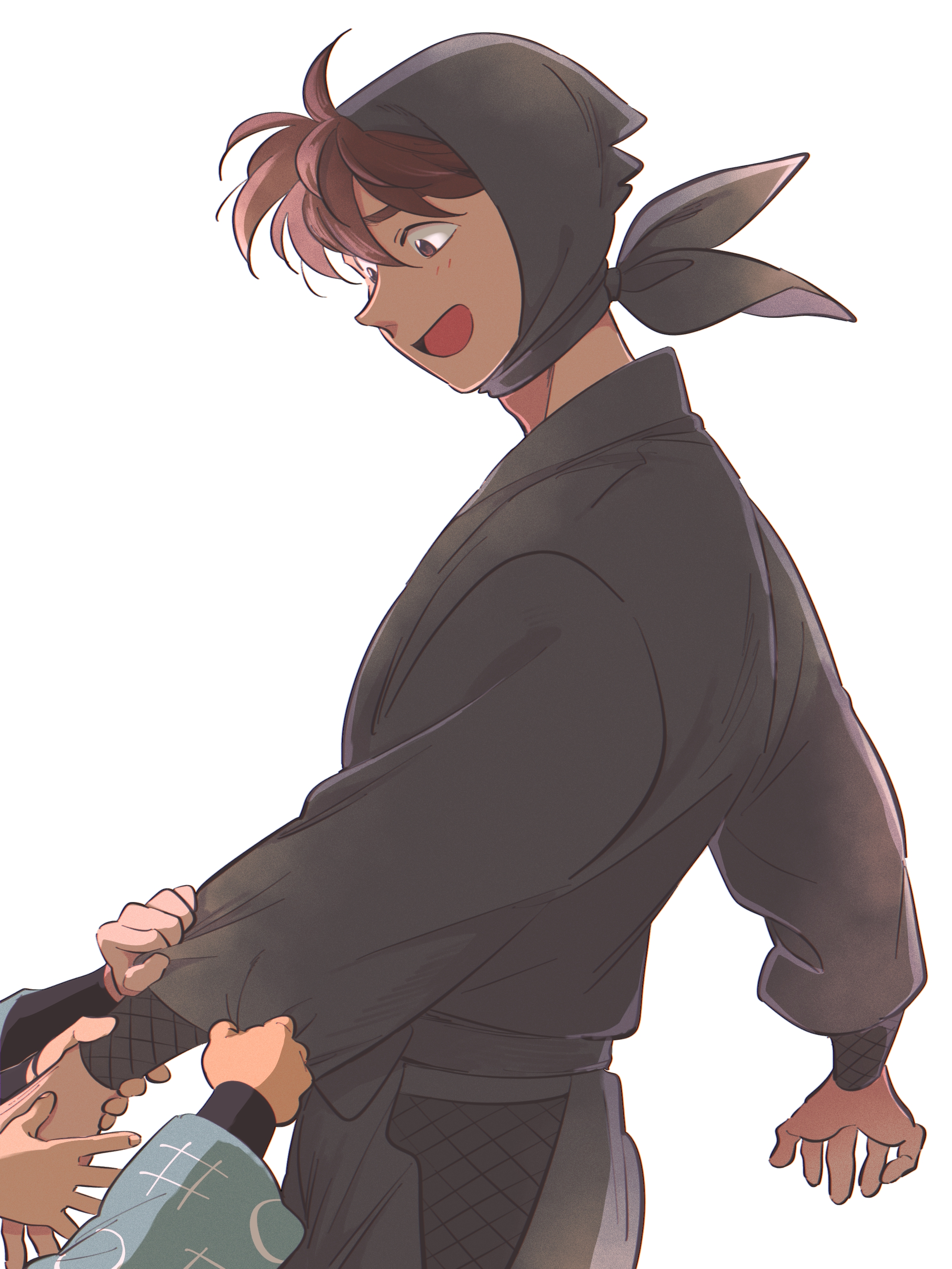 doi hansuke, rakudai ninja rantarou, absurdres, highres, 4boys, arms at sides, black hood, black kimono, black pants, brown hair, cowboy shot, detached hood, from side, grabbing another's arm, humoto 00, japanese clothes, kimono, long sleeves, male focus, multiple boys, open mouth, out of frame, pants, short hair, simple background, smile, solo focus, white background, wrist guards
