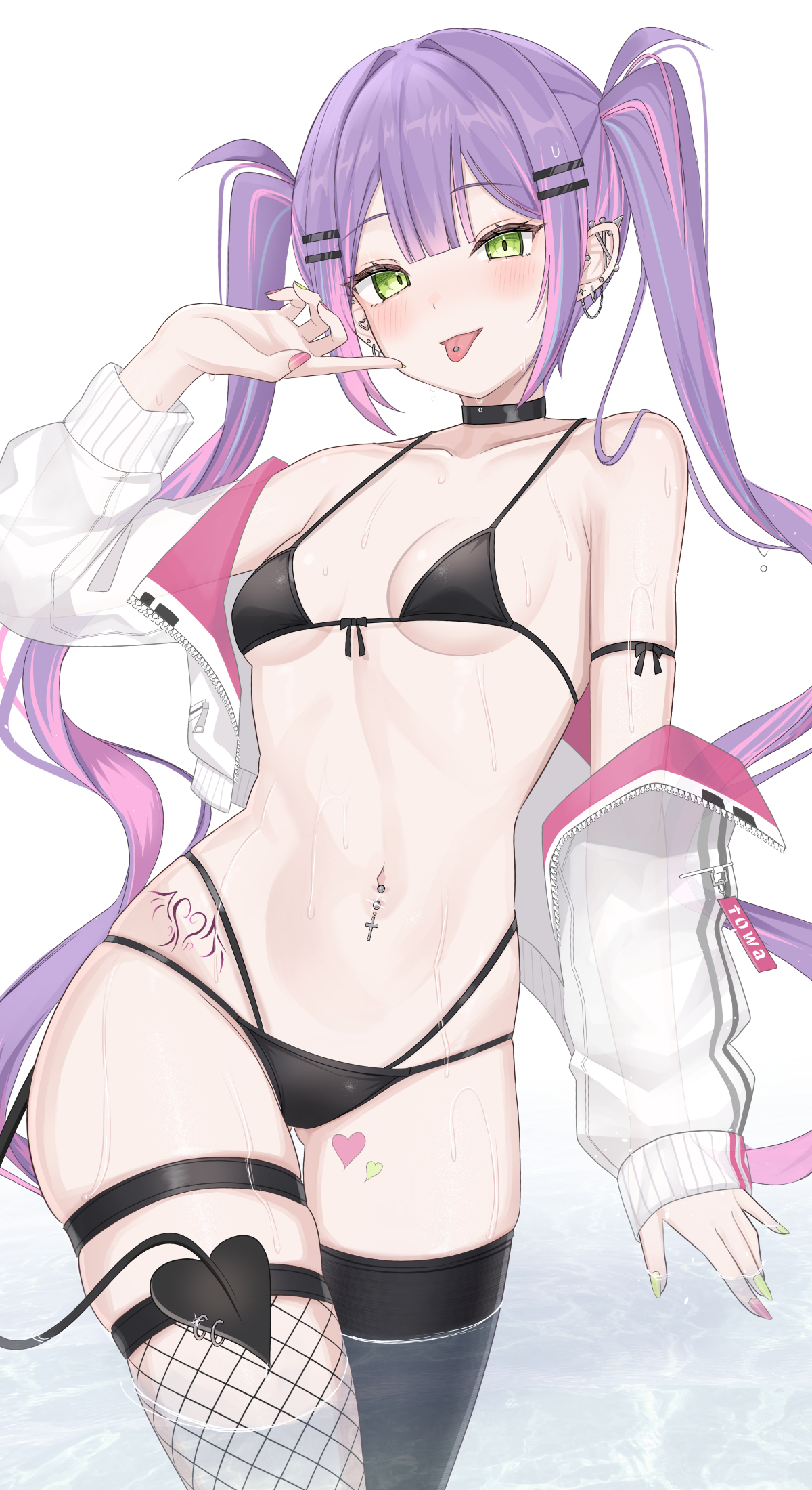 tojo aoi, tokoyami towa, hololive, commentary request, highres, 1girl, :p, asymmetrical legwear, barbell piercing, bikini, black bikini, black choker, black thighhighs, breasts, center-flap bangs, chain, chain earrings, choker, colored inner hair, cropped jacket, demon girl, demon tail, double-parted bangs, ear piercing, earrings, fishnet thighhighs, fishnets, front-tie bikini top, front-tie top, gluteal fold, green eyes, green nails, hair ornament, hairclip, hip tattoo, industrial piercing, jacket, jacket partially removed, jewelry, long hair, looking at viewer, mismatched legwear, multicolored hair, nail polish, navel, navel piercing, open mouth, parallel hairclips, piercing, pink hair, pink nails, pointy ears, purple hair, simple background, single sleeve past wrist, small breasts, solo, spiked ear piercing, stomach, streaked hair, swimsuit, tail, tail ornament, tail piercing, tattoo, thigh strap, thighhighs, tongue, tongue out, tongue piercing, twintails, virtual youtuber, wading, wet, white background, white jacket, winged heart, winged heart tattoo