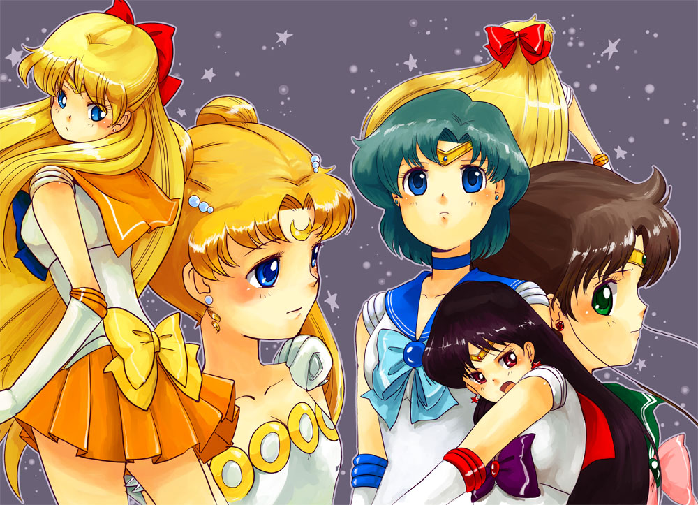azuma yukihiko, aino minako, hino rei, kino makoto, mizuno ami, princess serenity, sailor jupiter, sailor mars, sailor mercury, sailor moon, sailor venus, tsukino usagi, bishoujo senshi sailor moon, bad id, bad pixiv id, 1990s (style), 5girls, black hair, blonde hair, blue eyes, blue hair, blue sailor collar, bow, brown hair, choker, circlet, crescent, crescent facial mark, double bun, earrings, elbow gloves, facial mark, gloves, green eyes, grey background, hair bow, half updo, inner senshi, jewelry, long hair, magical girl, multiple girls, orange skirt, pink bow, purple hair, red bow, red eyes, retro artstyle, sailor collar, sailor senshi, short hair, skirt, star (symbol), tiara, twintails, white gloves