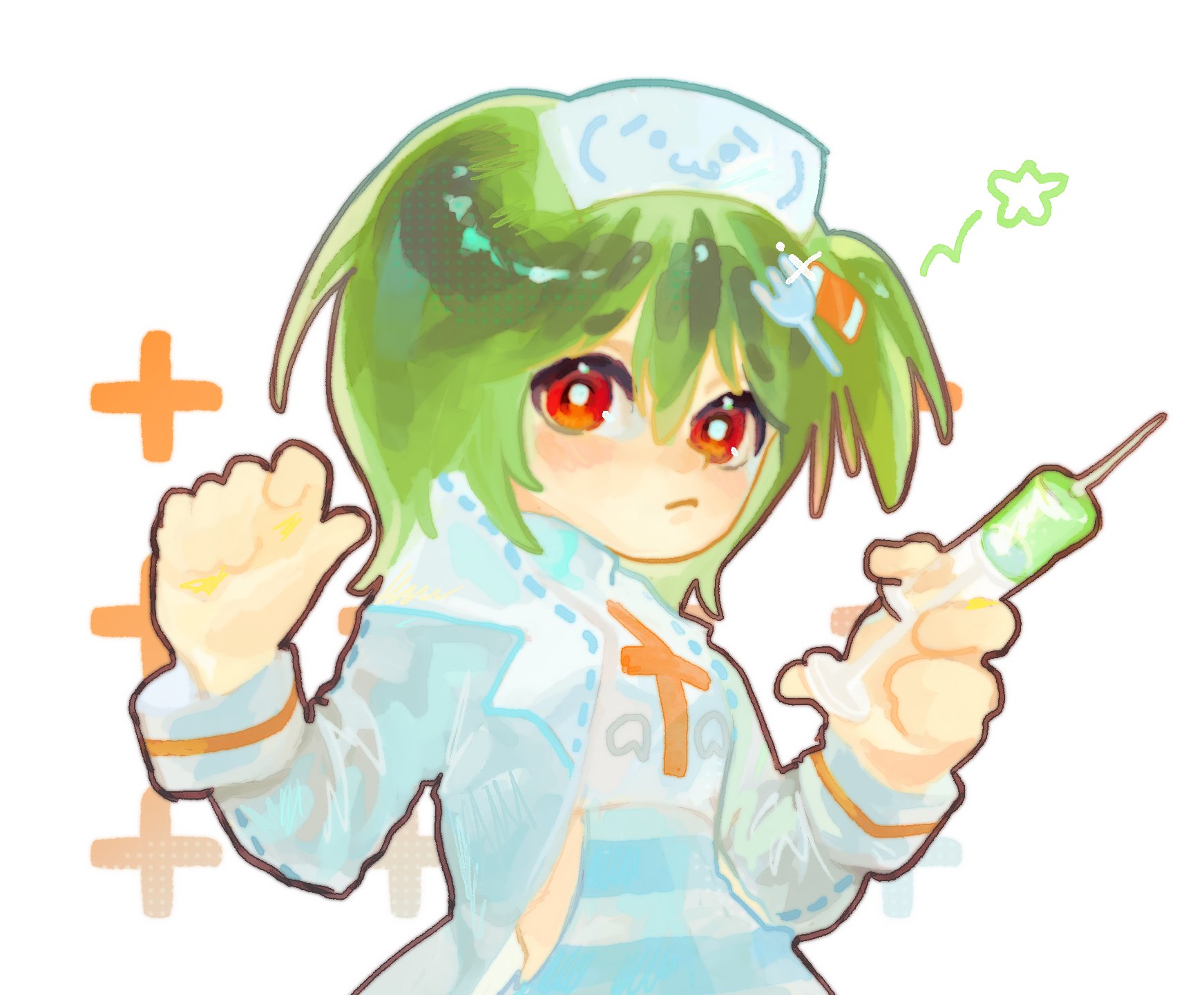 lily (superkiiisa), original, highres, 1girl, cross, emoticon, fork, green hair, hair ornament, hat, holding, holding syringe, jacket, kaomoji, nurse, nurse cap, orange eyes, red eyes, side ponytail, star (symbol), syringe, upper body, white jacket