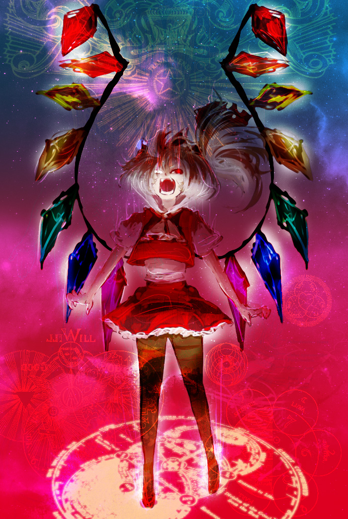 destroyb, flandre scarlet, touhou, bad id, bad pixiv id, 1girl, angry, crazy, fangs, female focus, full body, glowing, glowing eyes, magic circle, open mouth, pantyhose, red eyes, ribbon, solo, standing, wings, yandere