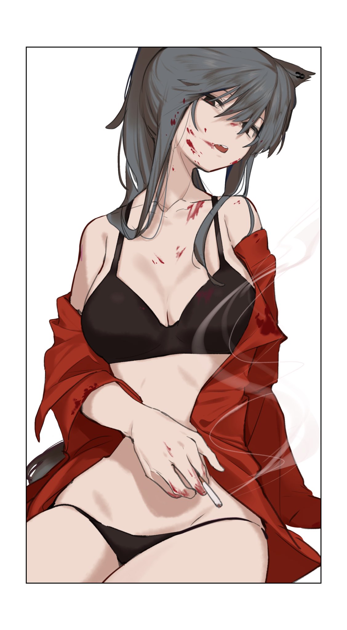 signal 1120, texas (arknights), arknights, highres, 1girl, animal ear piercing, animal ears, black bra, black panties, blood, blood on face, blood on hands, border, bra, breasts, brown eyes, cigarette, collarbone, grey hair, hair between eyes, head tilt, holding, holding cigarette, legs together, medium breasts, off-shoulder jacket, off shoulder, open mouth, panties, simple background, sitting, smoke, solo, tail, underwear, white background, white border