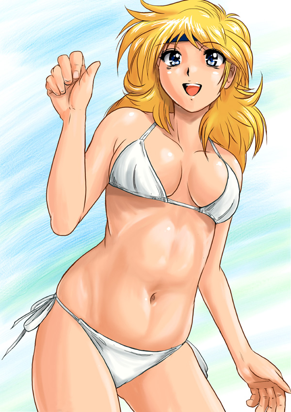 shu-z, lune zoldark, banpresto, super robot wars, super robot wars original generation, super robot wars the lord of elemental, 1girl, bikini, blonde hair, female focus, headband, shiny skin, solo, swimsuit, white bikini