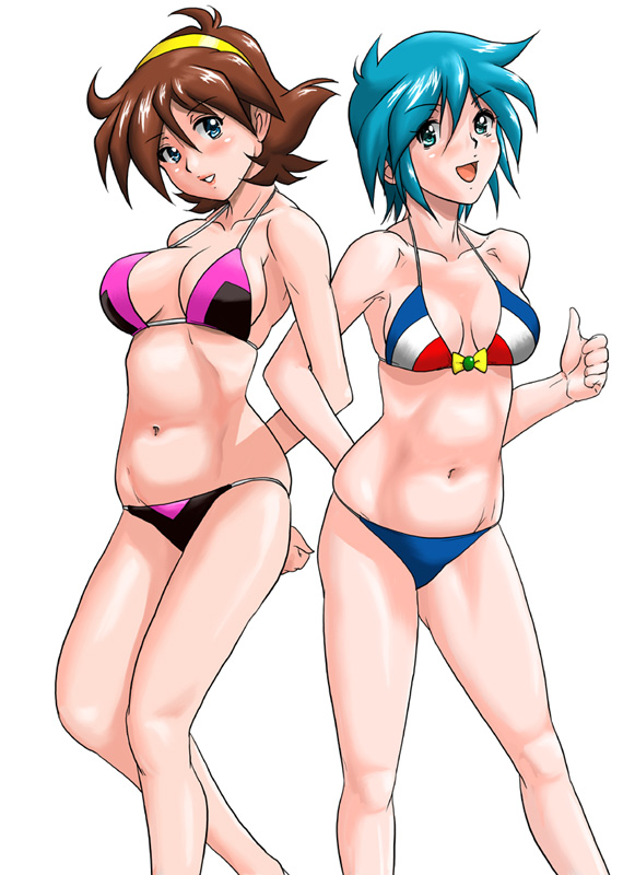 shu-z, allenby beardsley, rain mikamura, g gundam, gundam, 1990s (style), 2girls, :d, adapted costume, armpits, arms behind back, back-to-back, bikini, blue eyes, blue hair, blush, breasts, breasts apart, brown hair, cleavage, grin, hair between eyes, hairband, large breasts, lipstick, locked arms, looking at viewer, lowleg, lowleg bikini, makeup, medium breasts, multicolored bikini, multiple girls, navel, open mouth, retro artstyle, shiny skin, short hair, sideboob, simple background, skindentation, smile, standing, striped bikini, striped clothes, swimsuit, thumbs up, white background, wide hips