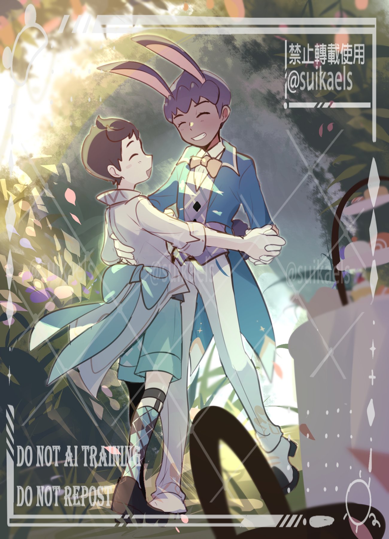 suikaels, hop (pokemon), victor (pokemon), nintendo, pokemon, pokemon swsh, highres, 2boys, alternate costume, animal ears, blue bow, blue jacket, blue shorts, blue socks, bow, bowtie, brown hair, brown shoes, closed eyes, collared shirt, dancing, dark-skinned male, dark skin, full body, grey jacket, grey vest, jacket, looking at another, male focus, multiple boys, open mouth, outdoors, pants, purple hair, rabbit boy, rabbit ears, rabbit tail, shirt, shoes, short hair, shorts, socks, standing, tail, tailcoat, vest, watermark, watermark grid, white pants, white shirt, yellow bow, yellow bowtie