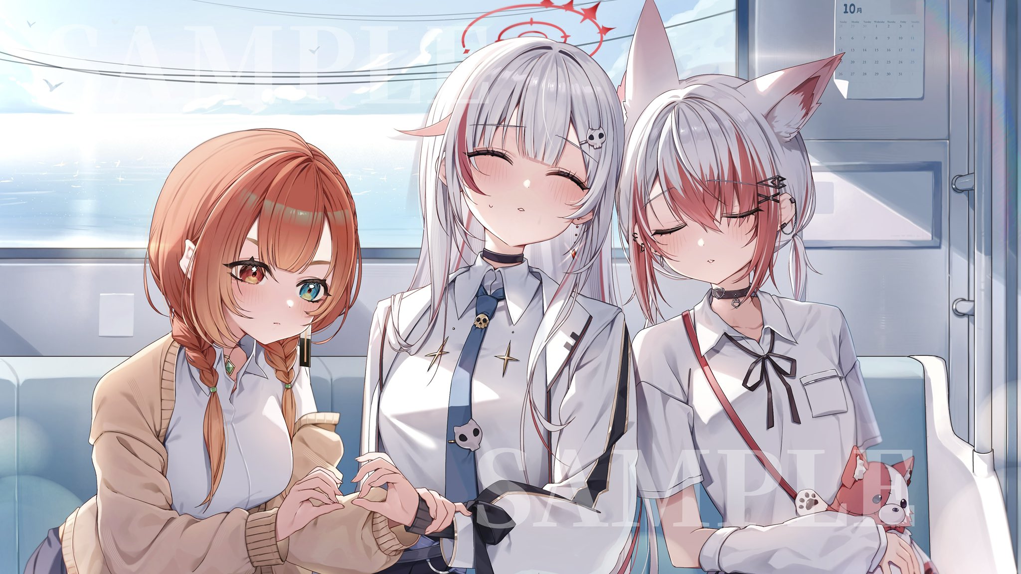 hinagikumonnme, dtto., dtto. (2nd costume), mikami kon, syusetu kohaku, reject (esports), vee (vtuber), highres, 3girls, animal ears, bag, black choker, blue necktie, braid, breast pocket, brown cardigan, brown eyes, brown hair, cardigan, choker, closed eyes, collared shirt, earrings, fox ears, fox girl, green eyes, hair between eyes, hair ornament, halo, heterochromia, jacket, jewelry, leaning on person, leaning to the side, long hair, long sleeves, mascot, multicolored hair, multiple girls, necktie, open cardigan, open clothes, open jacket, pocket, red hair, red halo, shirt, short sleeves, shoulder bag, single earring, sitting, skull hair ornament, sleeping, streaked hair, train interior, twin braids, virtual youtuber, white hair, white jacket, white shirt