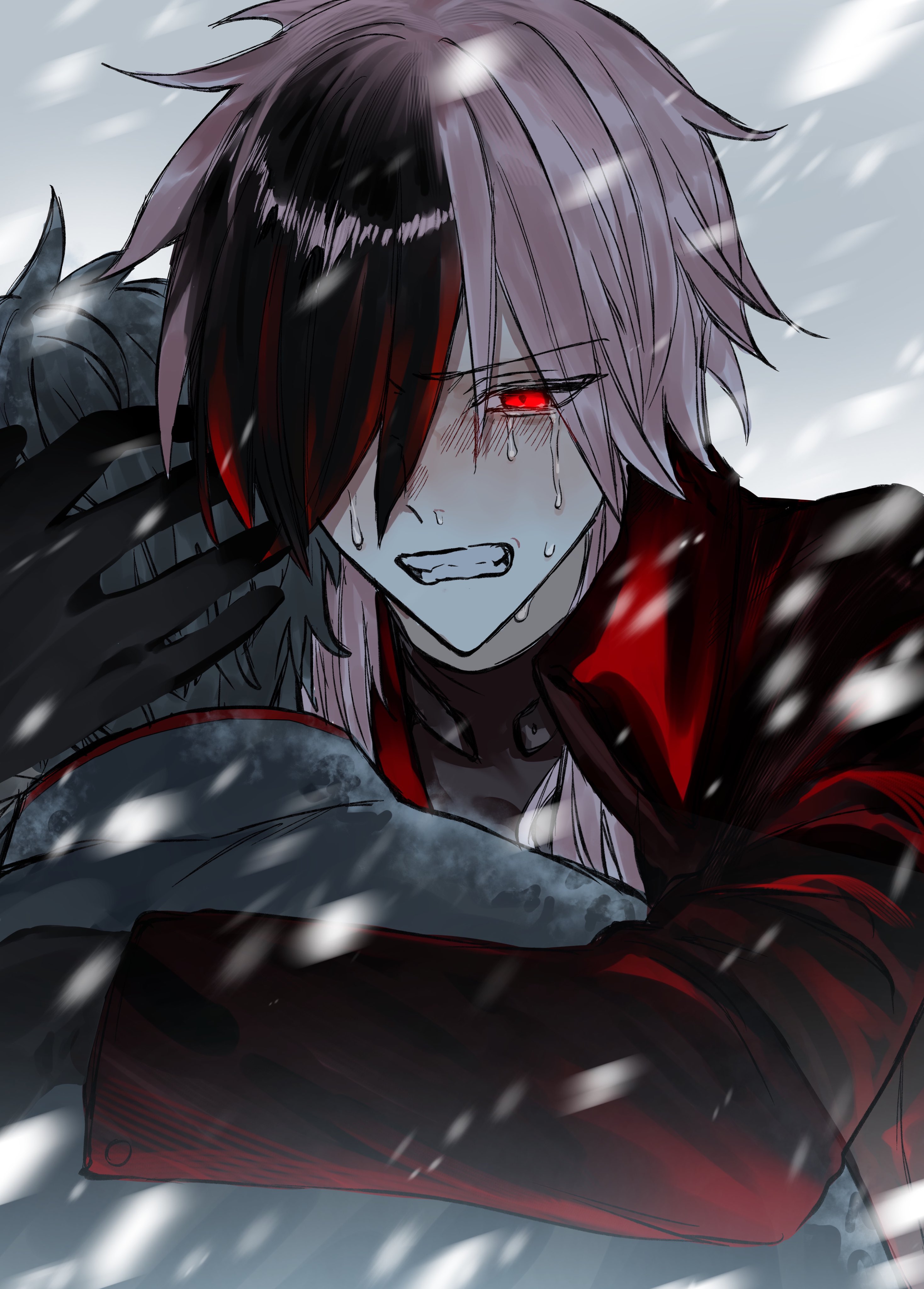tt hmx, hijikata toshizou (fate), fate/grand order, fate (series), absurdres, highres, 2boys, black hair, blush, clenched teeth, crying, hug, jacket, kondou isami (fate), long hair, male focus, multicolored hair, multiple boys, pink hair, red eyes, red hair, snowing, teeth, upper body