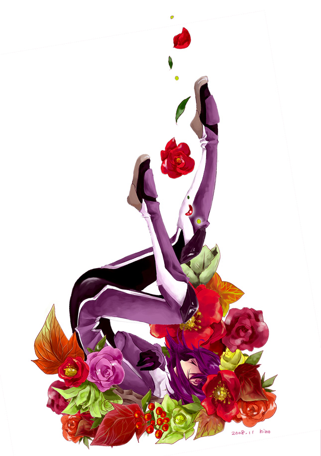 hinoyuri, tieria erde, gundam, gundam 00, 00s, 1boy, androgynous, flower, glasses, gloves, male focus, purple hair, rose, solo