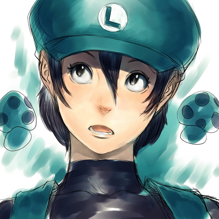 fumio (rsqkr), luigi, mario (series), nintendo, 1girl, androgynous, black eyes, black hair, blush, costume, female focus, genderswap, genderswap (mtf), hat, mushroom, profile, solo, super mushroom, teeth