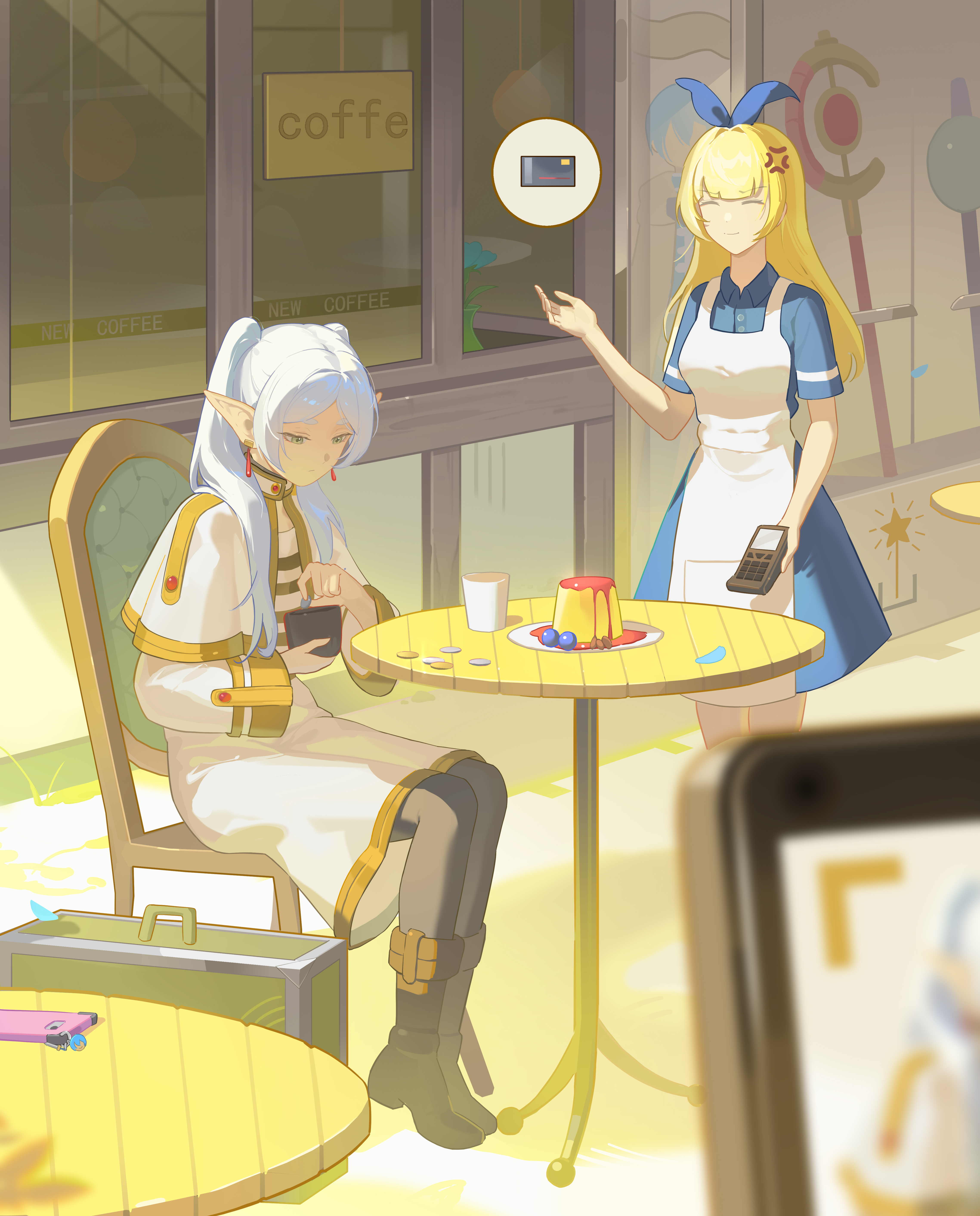 lingdu han, frieren, sousou no frieren, absurdres, commentary request, highres, 2girls, anger vein, bag, blonde hair, blue dress, blurry, cafe, chair, closed eyes, coin, depth of field, dress, food, grey hair, holding, holding bag, long hair, looking down, multiple girls, on chair, pantyhose, pointy ears, pudding, sitting, spoken object, staff, table, twintails, white dress