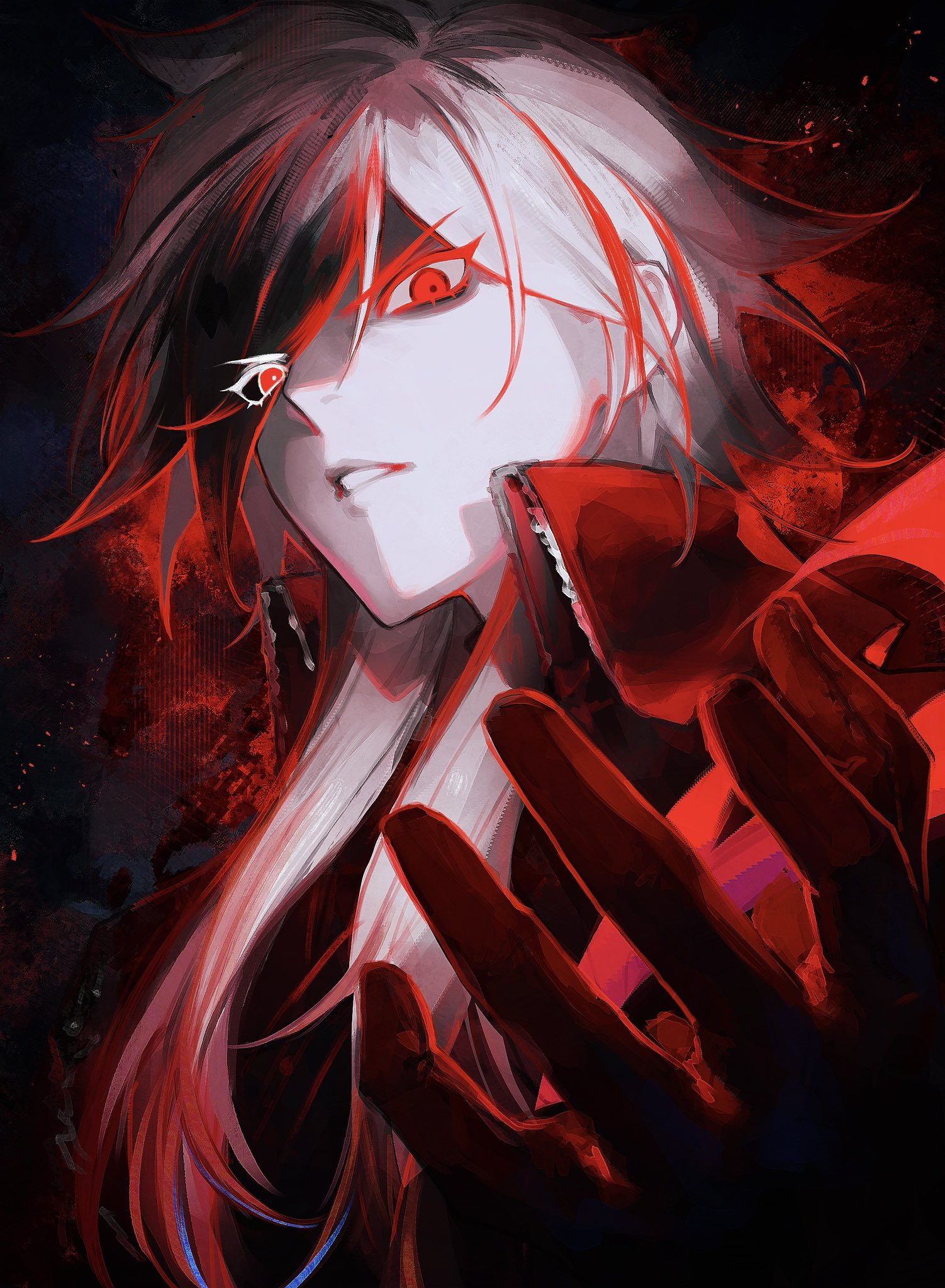 shion (reira), fate/grand order, fate (series), highres, 1boy, black hair, grey hair, kondou isami (fate), long hair, looking at viewer, male focus, multicolored hair, open mouth, red eyes, red hair, solo