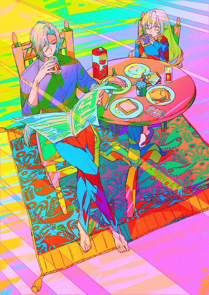 mizu cx, hugo vlad, vivian banshee, zenless zone zero, 1boy, 1girl, barefoot, black pants, blonde hair, bread, bread slice, carpet, chair, cheese, closed eyes, closed mouth, cup, drinking glass, eating, food, fork, glass, grey eyes, hair between eyes, heterochromia, holding, holding newspaper, jam, jar, juice, long hair, mole, mole under eye, newspaper, pants, plate, pointy ears, purple hair, purple shirt, red eyes, salad, shirt, sitting, sleeves rolled up, sliced cheese, table, tomato juice, towel