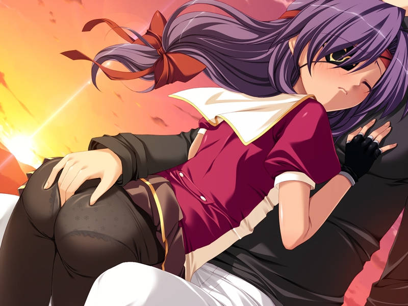 daimosu (marionette zero), marionette (series), marionette zero, ass grab, striped, gender request, 1boy, 1girl, ass, bow, closed eyes, cloud, evening, eyepatch, genderswap, gloves, headband, hetero, long hair, panties, panties under pantyhose, pantyhose, print panties, purple hair, school uniform, see-through clothes, skirt, sky, solo focus, sun, sunset, underwear, upskirt