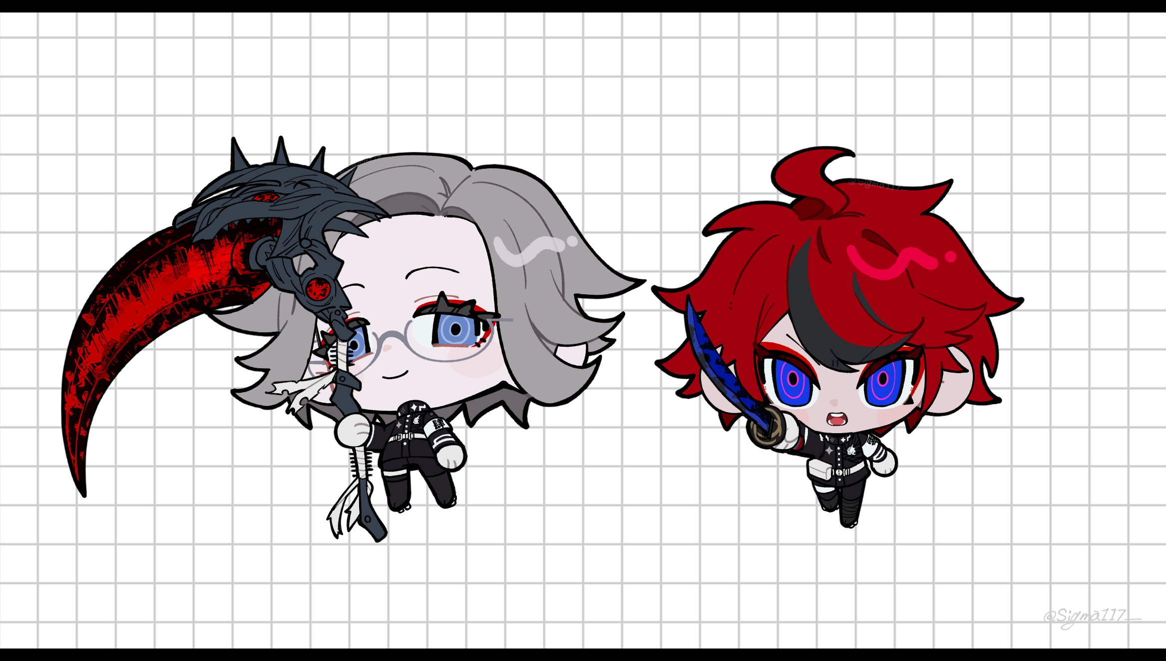 sigma117, aotsuki eito, sumino takumi, the hundred line -last defense academy-, commentary request, highres, 2boys, ahoge, armband, black jacket, black pants, blue eyes, chibi, chibi only, eyeliner, gakuran, glasses, gloves, grey hair, grid background, holding, holding scythe, holding sword, holding weapon, jacket, last defense academy school uniform, looking at viewer, makeup, male focus, multicolored hair, multiple boys, pants, pointing melee weapon, red eyeliner, red hair, ringed eyes, school uniform, scythe, short hair, smile, streaked hair, sword, weapon, white armband, white gloves