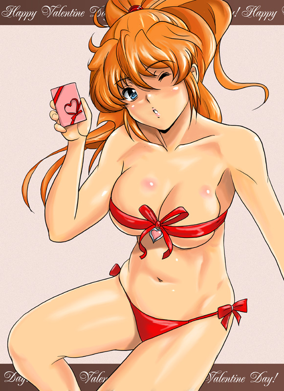 shu-z, excellen browning, banpresto, super robot wars, 1girl, bikini, blonde hair, blue eyes, female focus, happy valentine, long hair, one eye closed, red bikini, shiny skin, side-tie bikini bottom, solo, swimsuit, valentine, wink