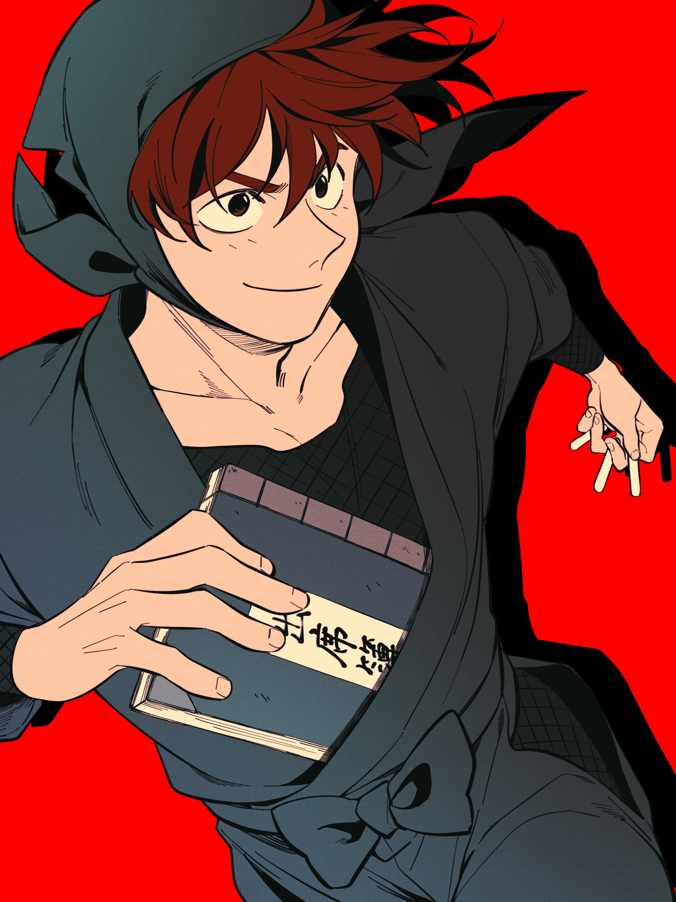 doi hansuke, rakudai ninja rantarou, absurdres, highres, 1boy, black eyes, black hood, black kimono, black pants, black shirt, book, brown hair, closed mouth, cowboy shot, detached hood, drop shadow, foreshortening, hair between eyes, hands up, holding, holding book, humoto 00, japanese clothes, kimono, legs together, male focus, outstretched arm, pants, red background, shirt, short hair, simple background, smile, solo, turning around, v-shaped eyebrows, yukata