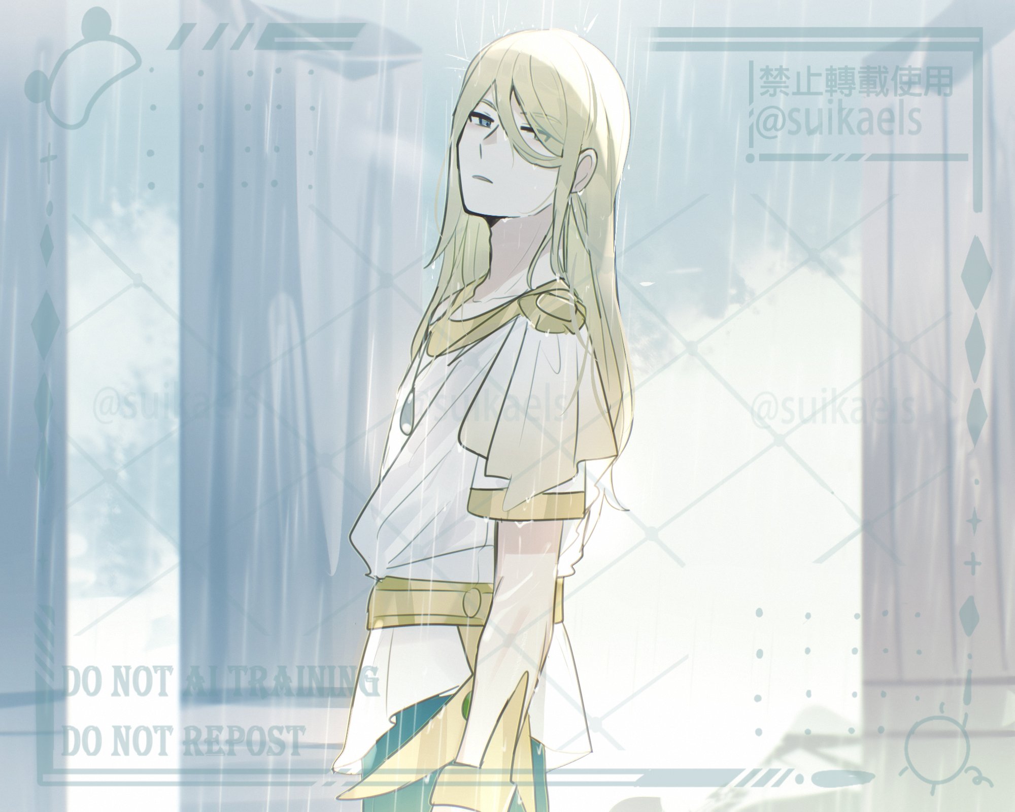 suikaels, volo (pokemon), nintendo, pokemon, pokemon legends: arceus, highres, 1boy, blonde hair, blue eyes, gold trim, green pants, grey background, hair down, hair over one eye, long hair, looking at viewer, male focus, pants, rain, shirt, simple background, solo, standing, upper body, watermark, watermark grid, white shirt