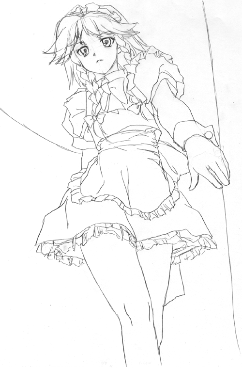 itacha (artist), izayoi sakuya, touhou, 1girl, female focus, greyscale, maid, monochrome, sketch, skirt, solo, white background