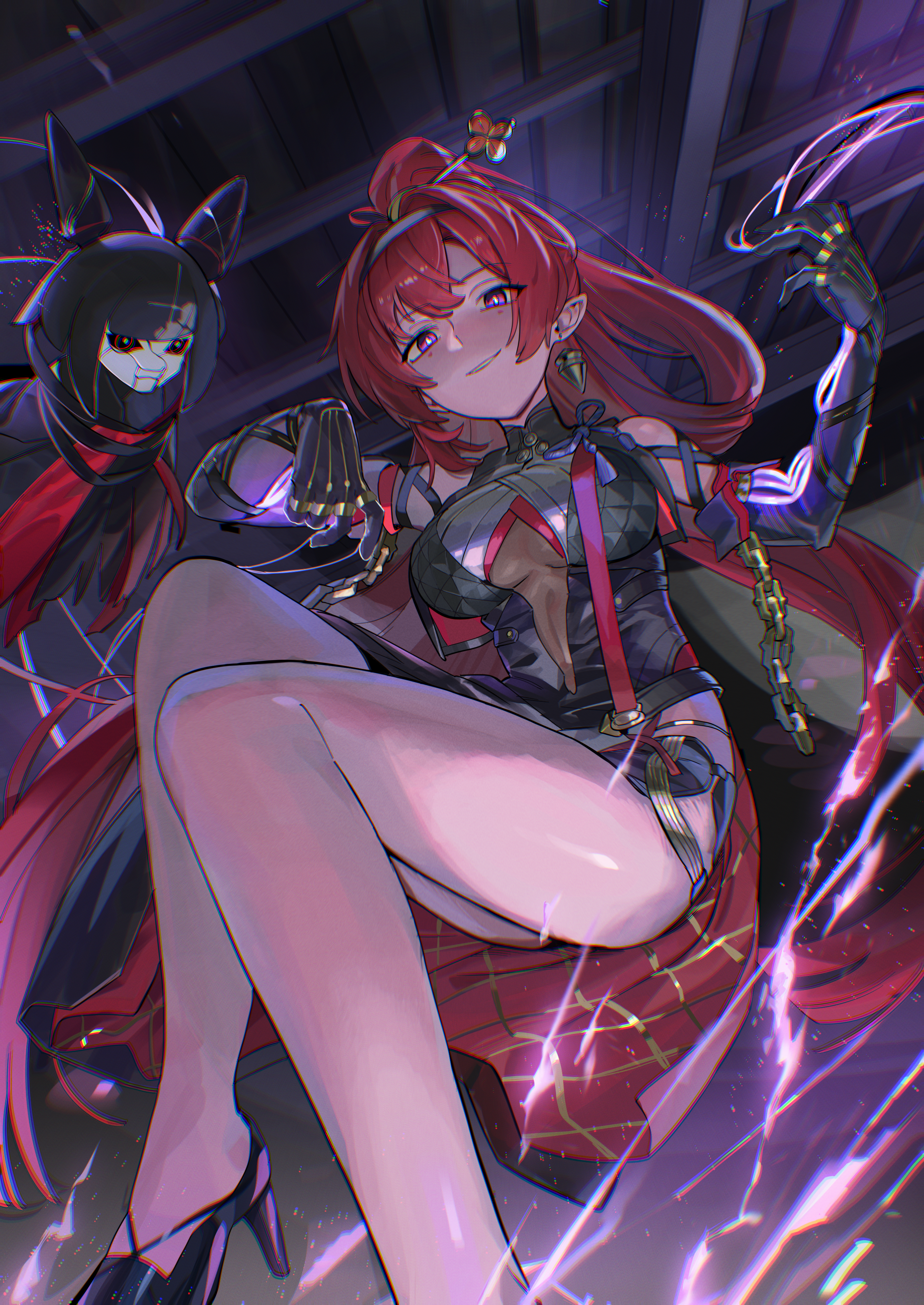 umiwashi, yinlin (wuthering waves), wuthering waves, absurdres, commentary request, highres, partial commentary, 1girl, black dress, black gloves, black hairband, black shoes, breasts, chain, doll, dress, earrings, elbow gloves, from below, gloves, hair intakes, hair ornament, hair stick, hairband, high heels, indoors, jewelry, long hair, looking at viewer, magic, medium breasts, parted lips, purple eyes, red hair, shoes, sitting, smile, solo