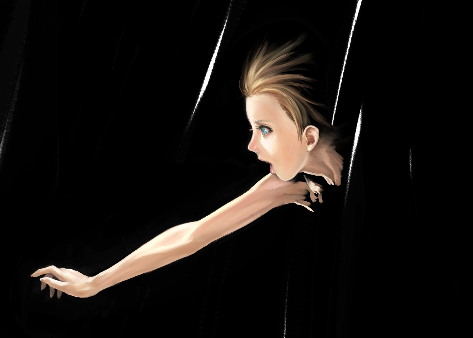 lie-on, shuichi wada, original, highres, 1girl, blue eyes, dark, female focus, reaching, shouting, solo