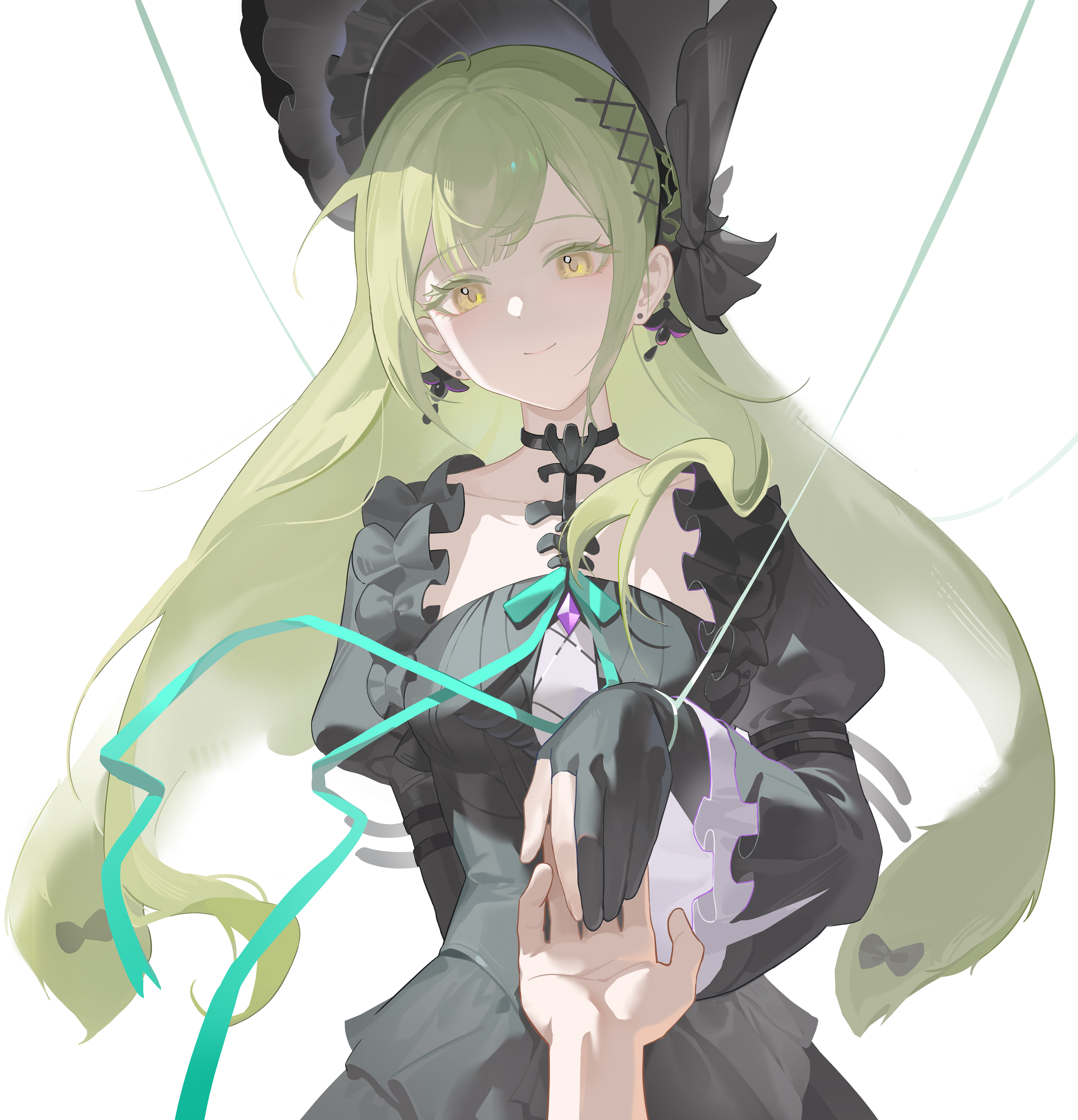 lingdu han, wakaba mutsumi, wakaba mutsumi (marionette's id), arknights, bang dream!, bang dream! it's mygo!!!!!, absurdres, highres, 1girl, arm behind back, black dress, closed mouth, cowboy shot, dress, earrings, gloves, green hair, jewelry, juliet sleeves, long hair, long sleeves, looking at viewer, partially fingerless gloves, pov, puffy sleeves, smile, solo focus, stud earrings, yellow eyes