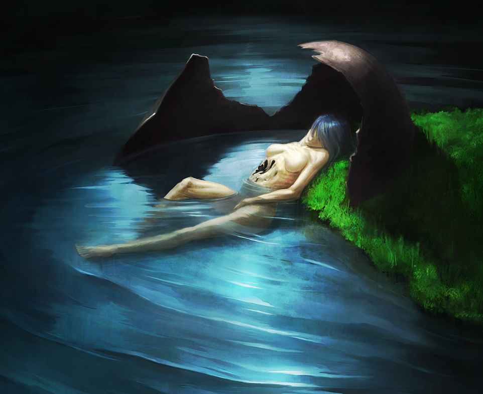 lie-on, shuichi wada, 1girl, barefoot, blue hair, breasts, corpse, eggshell, female focus, medium breasts, nude, ribs, ripples, solo, water