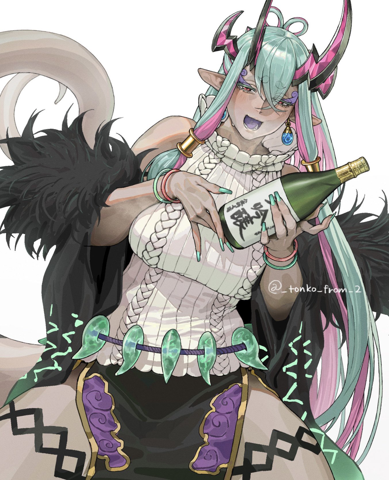 tonko from, ibuki douji (fate), ibuki douji (second ascension) (fate), fate/grand order, fate (series), highres, 1girl, aqua hair, bare shoulders, blush, bottle, bracelet, breasts, colored skin, dark-skinned female, dark skin, earrings, eyeliner, holding, holding bottle, horns, jewelry, large breasts, long hair, magatama, makeup, multicolored hair, multiple horns, oni, open mouth, pink hair, pointy ears, red eyes, ribbed sweater, sidelocks, simple background, skirt, sleeveless, sleeveless sweater, smile, solo, sweater, tail, turtleneck, white background