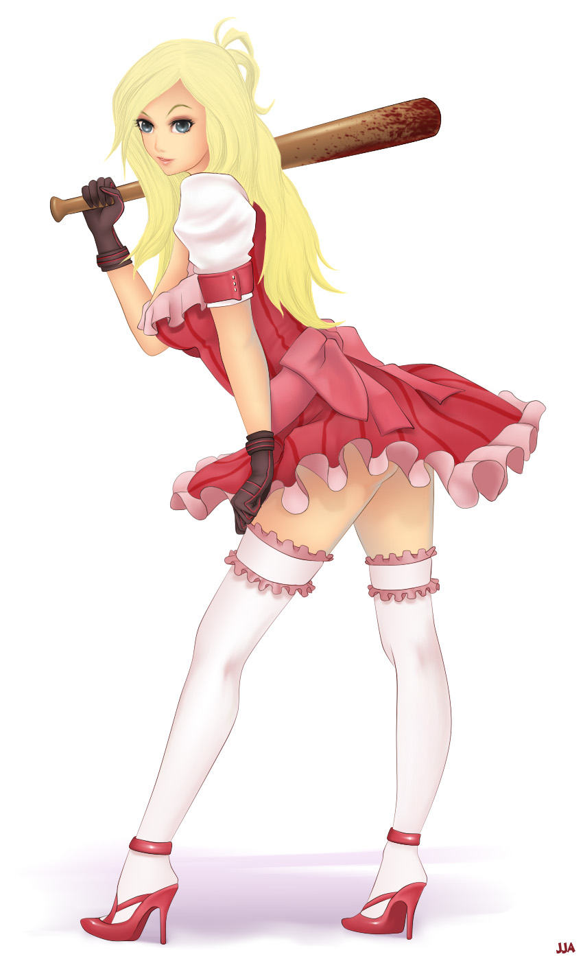 khalitzburg (user 2274420), bad girl (no more heroes), grasshopper manufacture, no more heroes, highres, 1girl, baseball bat, blonde hair, blood, dress, female focus, frills, from behind, full body, gloves, gradient background, high heels, leaning forward, legs, long hair, looking back, shoes, solo, thighhighs, weapon