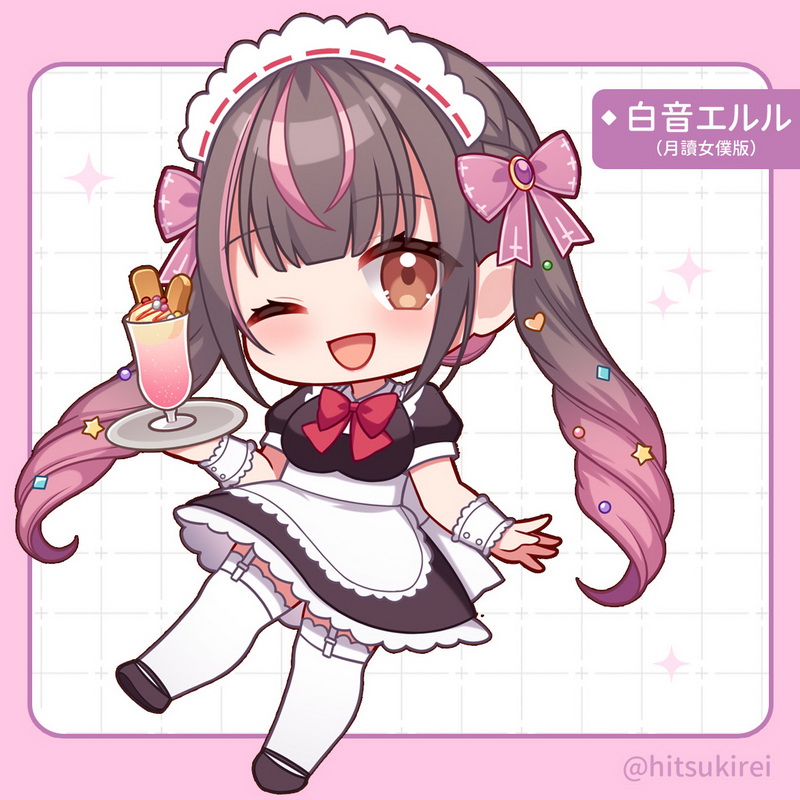 hitsuki rei, indie virtual youtuber, commentary request, translation request, 1girl, ;d, black dress, black hair, black shoes, border, bow, breasts, brown eyes, chibi, dress, food, full body, garter straps, gradient hair, grid background, hair bow, hakune eruru, hand up, holding, holding plate, looking at viewer, maid headdress, medium breasts, multicolored hair, one eye closed, open mouth, parfait, pink border, pink bow, pink hair, plate, puffy short sleeves, puffy sleeves, red bow, shoes, short sleeves, smile, solo, sparkle, streaked hair, thighhighs, twitter username, virtual youtuber, waitress, white background, white thighhighs, wrist cuffs