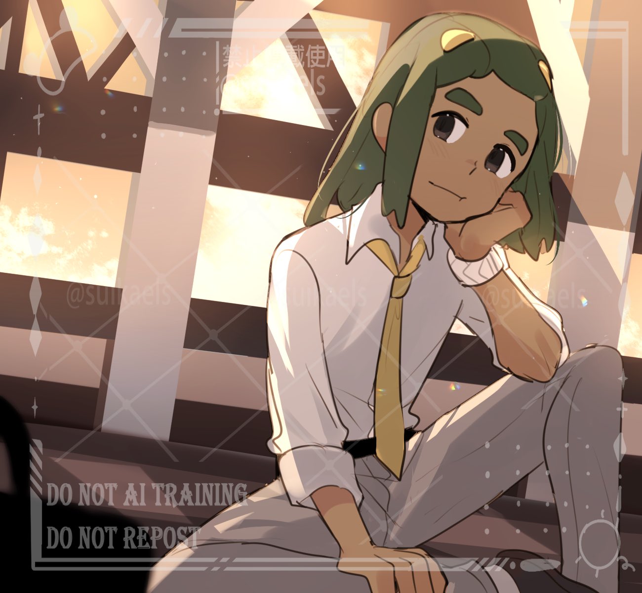 suikaels, hau (pokemon), nintendo, pokemon, pokemon sm, highres, 1boy, alternate costume, brown eyes, collared shirt, dark-skinned male, dark skin, full body, green hair, grey pants, hair down, looking at viewer, male focus, necktie, pants, shirt, simple background, sitting, solo, watermark, watermark grid, white shirt, yellow background, yellow necktie