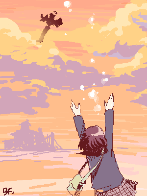 bf. (sogogiching), canti, samejima mamimi, flcl, gainax, archived source, lowres, angel wings, arms up, bag, blue sleeves, blue sweater, brown hair, cloud, cloudy sky, collared sweater, dithering, floating, from behind, green bag, grey skirt, halo, jaggy lines, light particles, long sleeves, medium hair, oekaki, open hands, orange sky, orange theme, plaid clothes, plaid skirt, pleated skirt, robot, sailor collar, shoulder bag, signature, skirt, sky, sweater, warm colored, wings