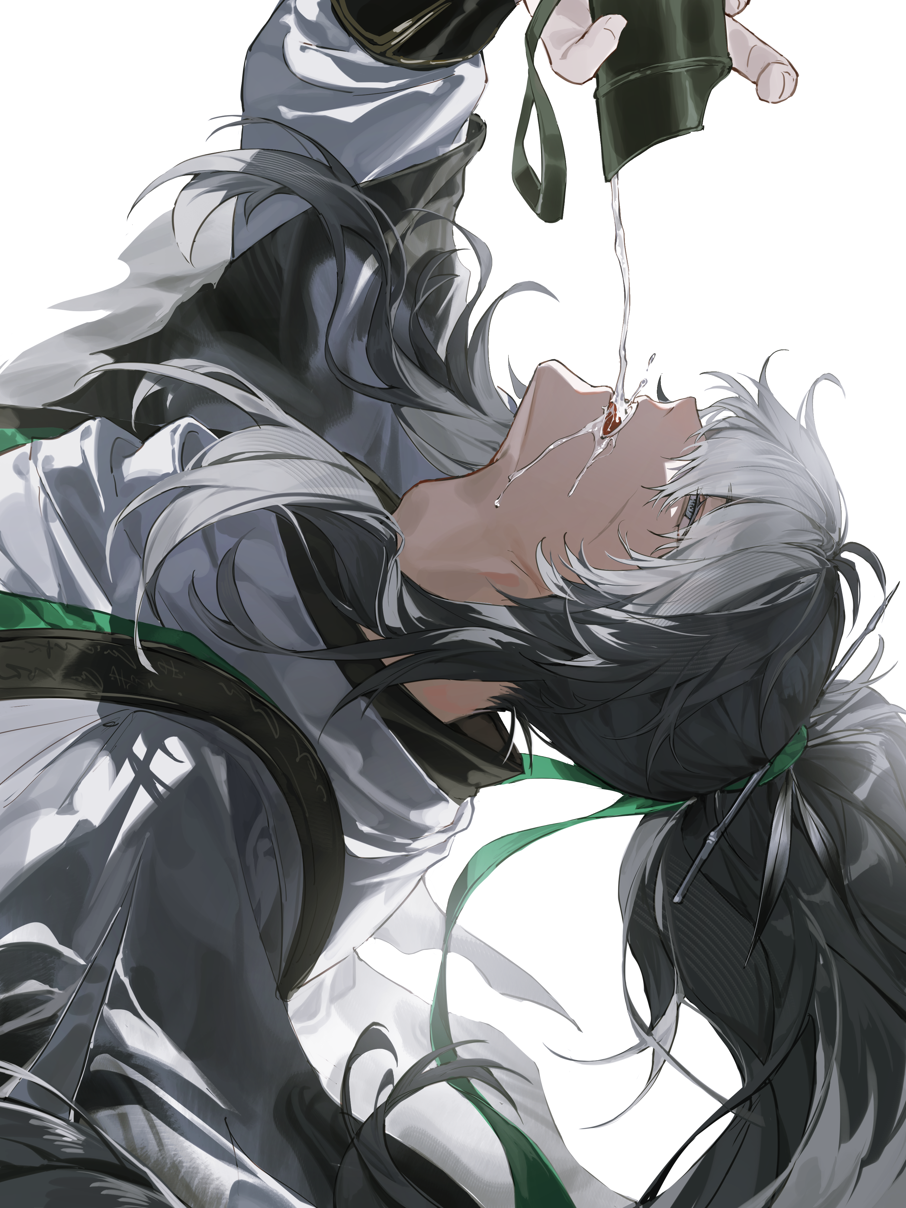 toriumu, qiuyuan (wuthering waves), wuthering waves, absurdres, commentary, highres, 1boy, black hair, green ribbon, grey eyes, hair ribbon, half-closed eyes, holding, long hair, male focus, pouring, ribbon, shirt, simple background, solo, white background, white shirt