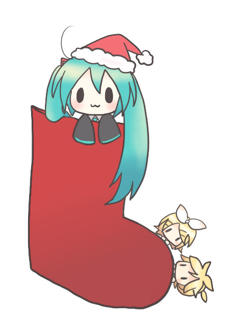 sakuramori sumomo, hatsune miku, kagamine len, kagamine rin, vocaloid, :3, aqua hair, blonde hair, chibi, christmas, hair ribbon, hat, long hair, ribbon, santa hat, short hair, socks, twintails