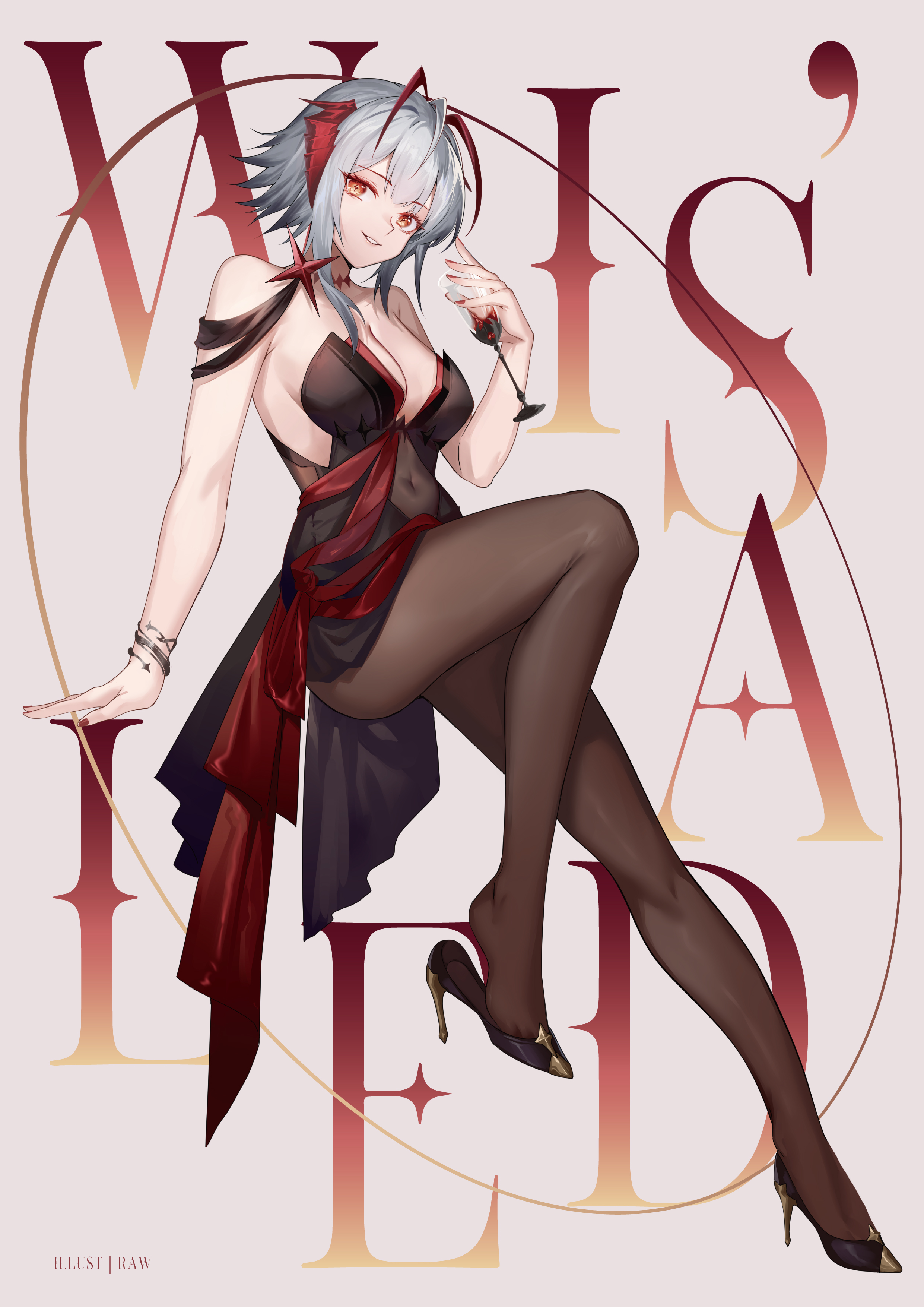 hongbaise raw, w (arknights), arknights, absurdres, highres, ahoge, antenna hair, bare shoulders, black dress, black shoes, breasts, brown nails, brown pantyhose, character name, cleavage, covered navel, cup, dress, drink, drinking glass, fingernails, full body, grey hair, grin, high heels, holding, holding drink, knee up, large breasts, looking at viewer, multicolored hair, nail polish, orange eyes, pantyhose, red hair, shoe dangle, shoes, short hair with long locks, smile, streaked hair