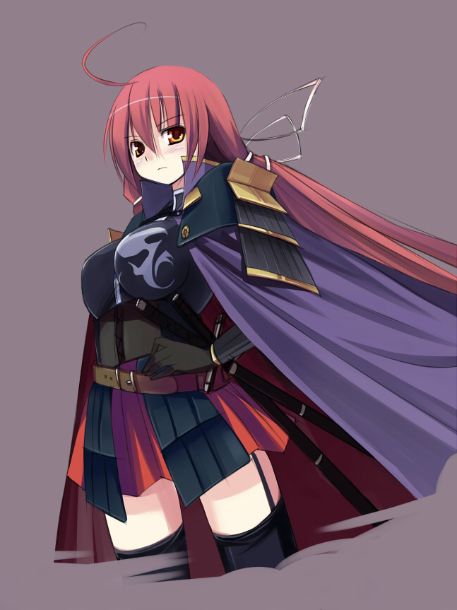 seo tatsuya, oda nobunaga (sengoku hime), sengoku hime, ahoge, armor, cape, long hair, red hair, solo, sword, thighhighs, weapon