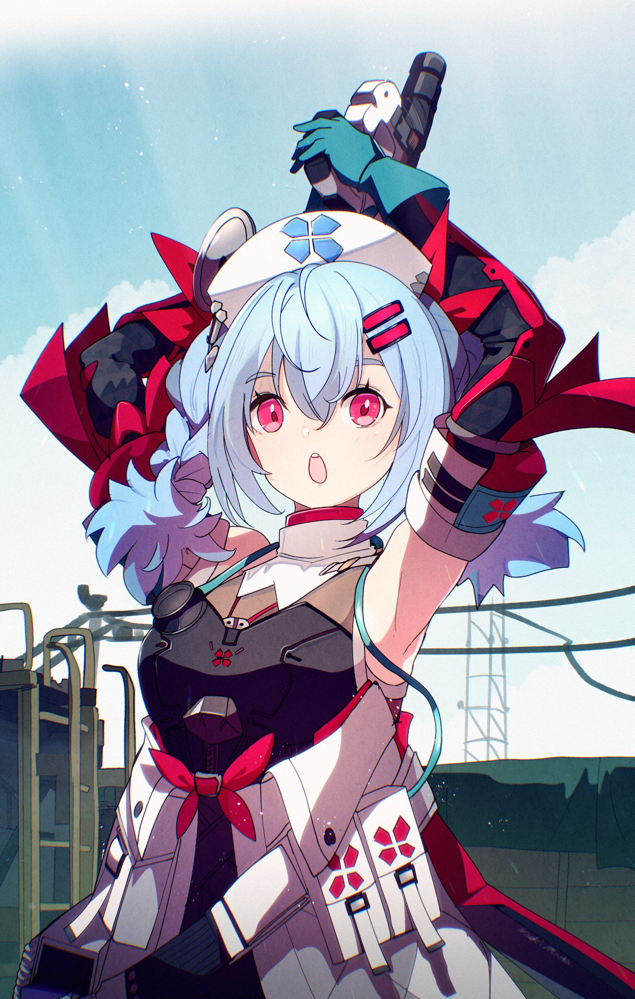 mineta naoki, colphne (girls' frontline 2), colphne (silent heart) (girls' frontline 2), girls' frontline, girls' frontline 2: exilium, commentary request, highres, 1girl, armored leotard, arms up, belt pouch, blue hair, blue sky, cloud, day, elbow gloves, gloves, gun, hair between eyes, handgun, hat, holding, holding gun, holding weapon, leotard, low twintails, medium hair, nurse cap, official alternate costume, open mouth, outdoors, pouch, red eyes, sky, solo, teeth, twintails, upper body, upper teeth only, weapon