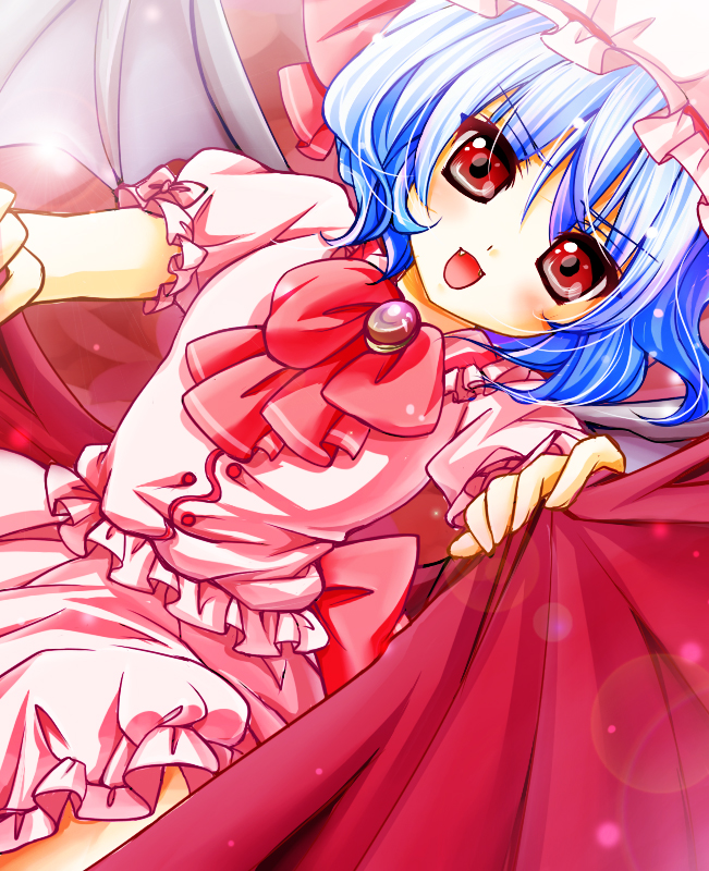 kino konomi, konomi (kino konomi), remilia scarlet, team shanghai alice, touhou, bad id, bad pixiv id, 1girl, bat wings, blue hair, fangs, female focus, hat, looking at viewer, red eyes, solo, wings
