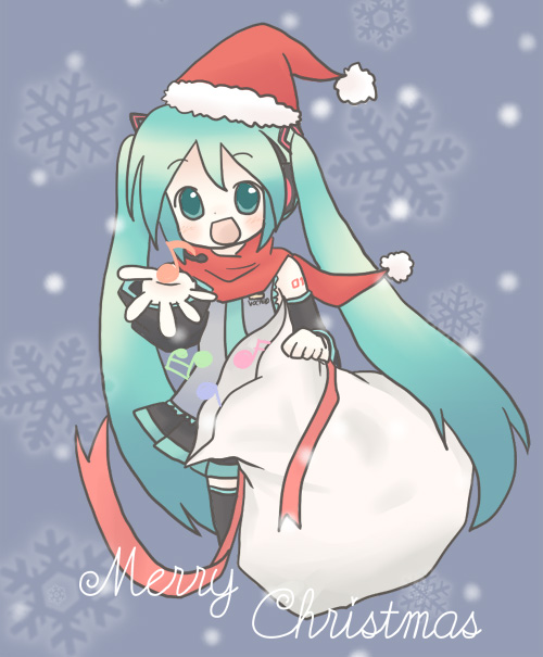 sakuramori sumomo, hatsune miku, vocaloid, 1girl, aqua eyes, aqua hair, christmas, female focus, hat, long hair, red scarf, sack, santa costume, santa hat, scarf, solo, thighhighs, twintails