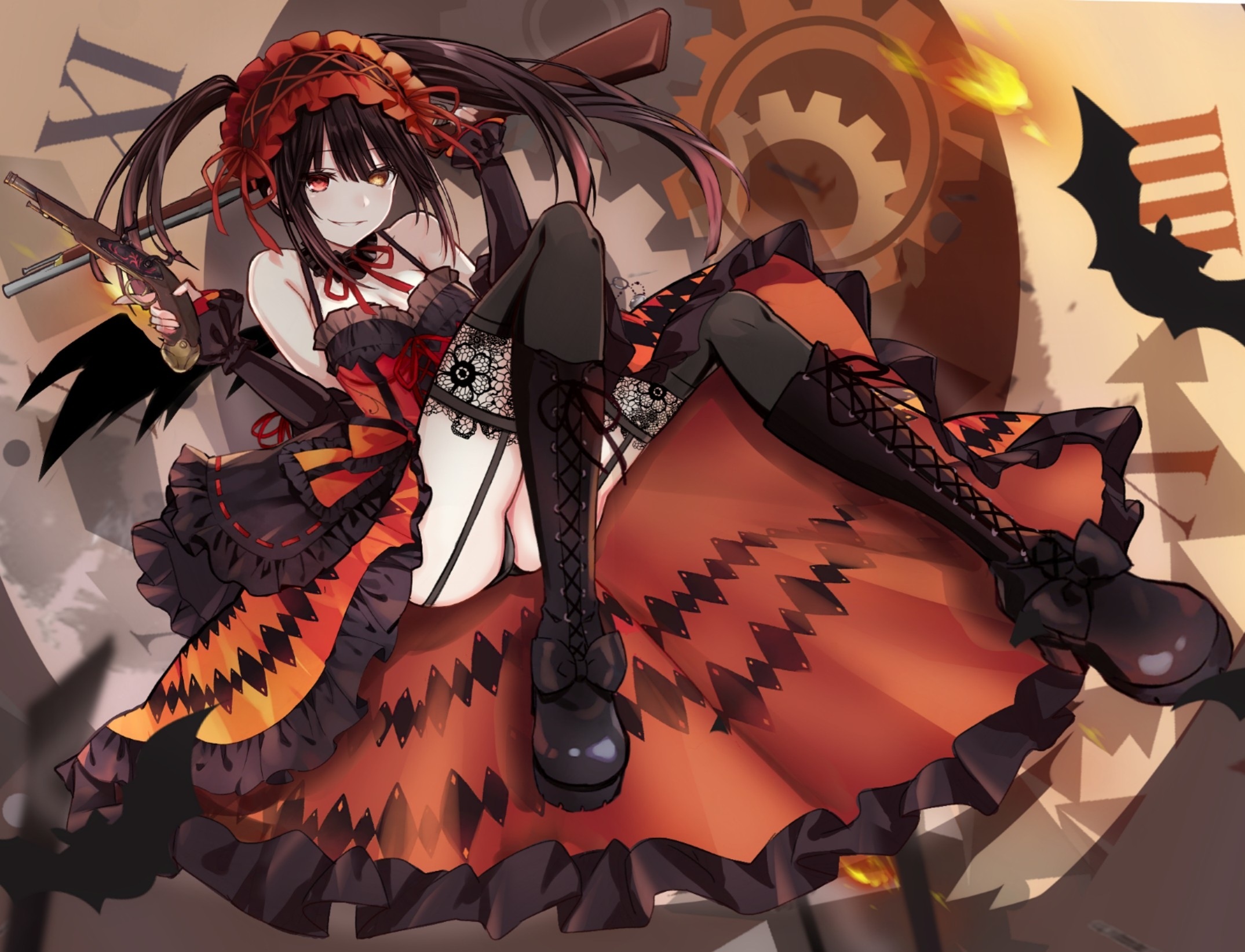 saint laurent paris, tokisaki kurumi, date a live, highres, 1girl, antique firearm, asymmetrical dual wielding, bare shoulders, black boots, black hair, boots, breasts, cleavage, clock eyes, clockwork, detached sleeves, dress, dual wielding, firearm, firelock, flintlock, frilled dress, frilled hairband, frills, grin, gun, hairband, heterochromia, holding, lace-up boots, lolita fashion, lolita hairband, long hair, looking at viewer, medium breasts, red dress, red eyes, roman numeral, smile, solo, symbol-shaped pupils, thigh strap, thighhighs, tokisaki kurumi (spirit), twintails, two-tone dress, weapon, yellow eyes