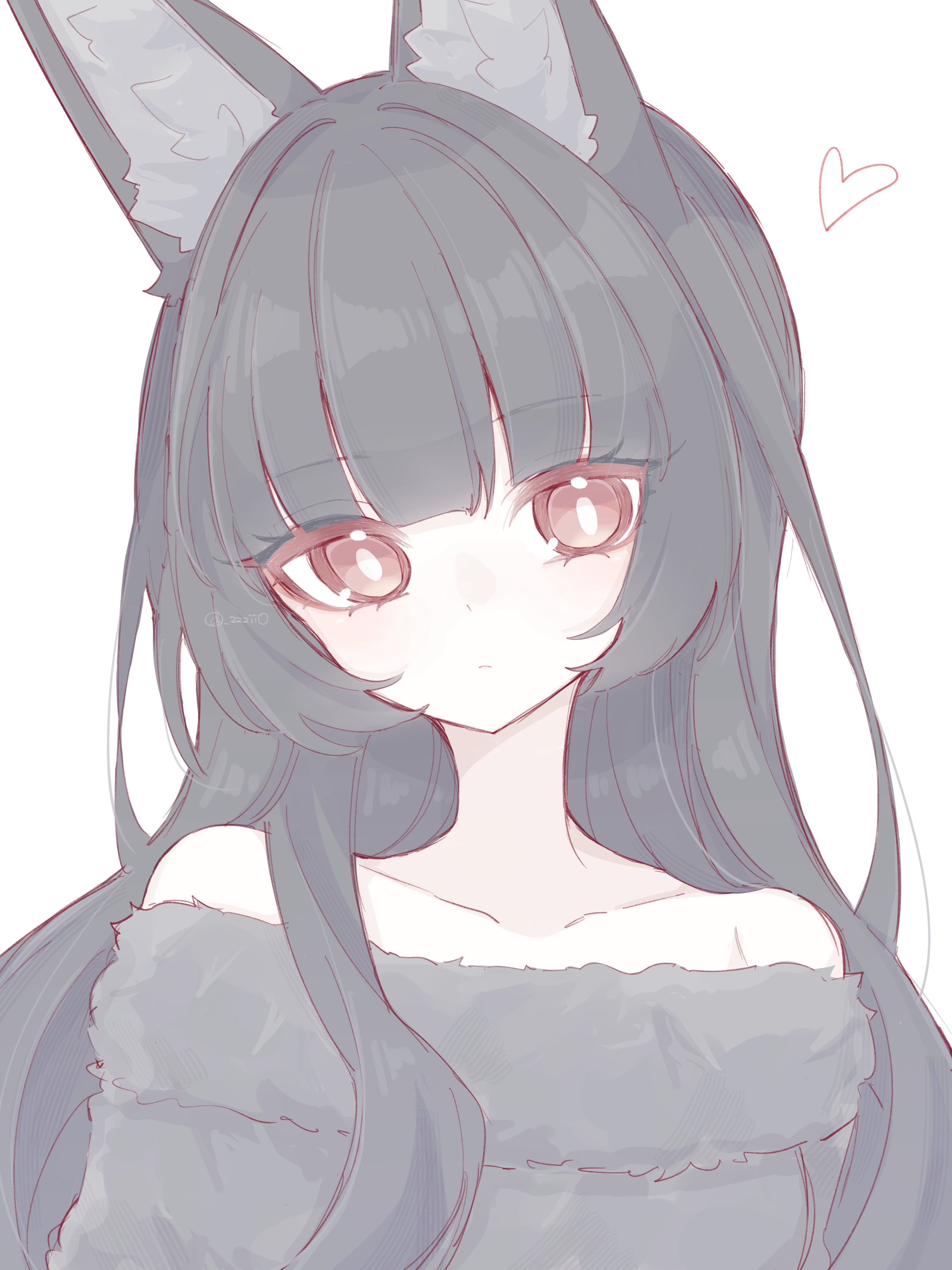 zzzii0, hoshimi miyabi, zenless zone zero, absurdres, highres, 1girl, animal ear fluff, animal ears, bare shoulders, black hair, black sweater, bright pupils, closed mouth, fox ears, fox girl, head tilt, heart, long hair, looking at viewer, off-shoulder sweater, off shoulder, red eyes, solo, sweater, white background, white pupils