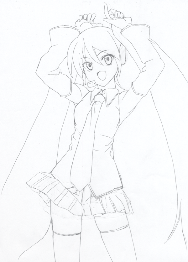 itacha (artist), hatsune miku, vocaloid, 1girl, detached sleeves, female focus, greyscale, long hair, monochrome, open mouth, solo, thighhighs, twintails, very long hair