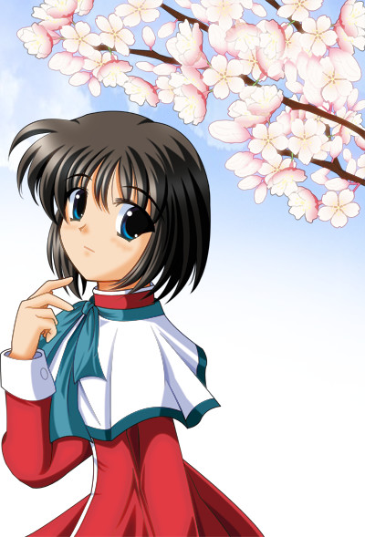 t28 (akailori), misaka shiori, kanon, black hair, cherry blossoms, green eyes, school uniform, short hair, solo