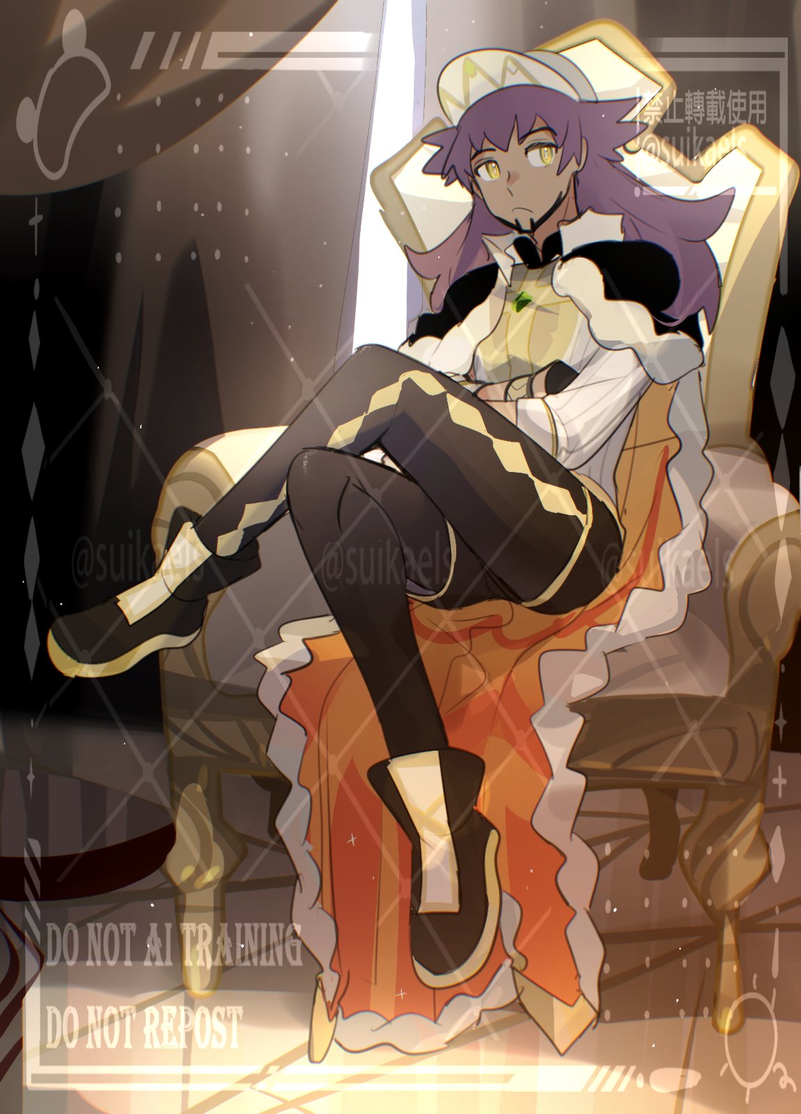 suikaels, leon (arc suit) (pokemon), leon (pokemon), nintendo, pokemon, pokemon masters ex, highres, 1boy, baseball cap, black boots, black gloves, black pants, boots, cape, dark-skinned male, dark skin, full body, fur-trimmed cape, fur trim, gloves, grey background, hat, long hair, looking at viewer, male focus, official alternate costume, orange cape, pants, purple hair, shirt, simple background, sitting, solo, watermark, watermark grid, white hat, white shirt, yellow eyes