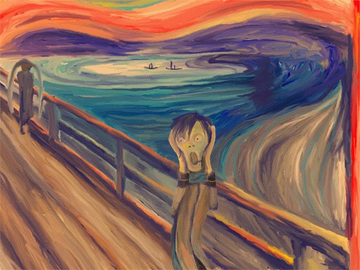 hatsune miku, kaito (vocaloid), the scream, vocaloid, animated, animated gif, 1boy, 1girl, fine art parody, parody