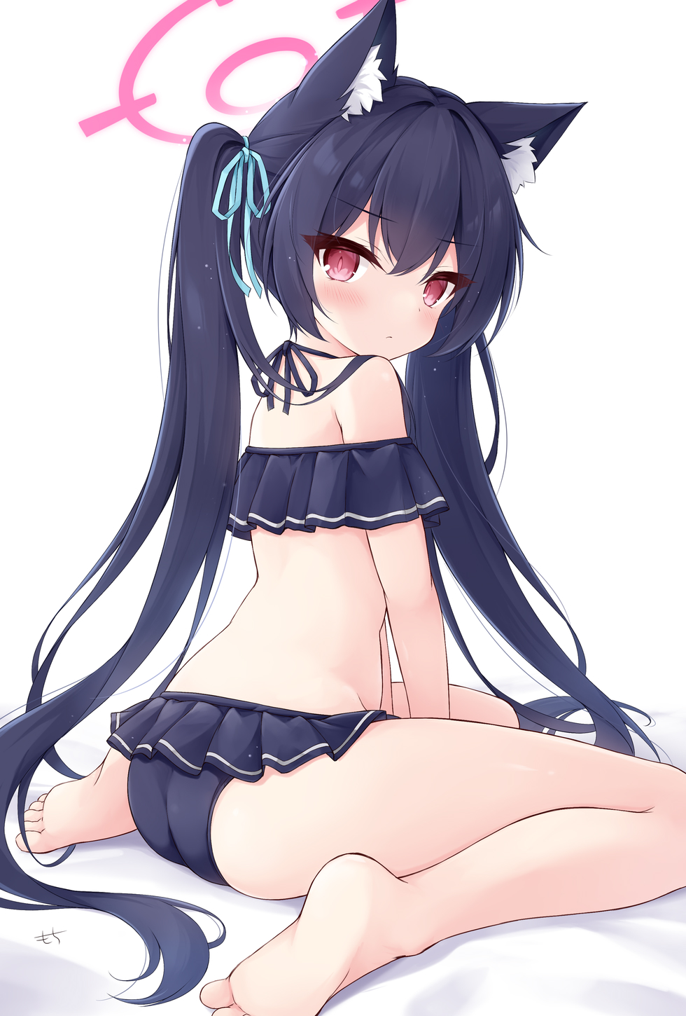 mochizuki riku, serika (blue archive), serika (swimsuit) (blue archive), blue archive, commentary, highres, 1girl, animal ear fluff, animal ears, ass, barefoot, bikini, blue bikini, blue hair, blue ribbon, cat ears, cat girl, closed mouth, hair ribbon, halo, halterneck, long hair, looking at viewer, official alternate costume, pink eyes, pink halo, ribbon, ruffle bikini, simple background, sitting, soles, solo, swimsuit, toes, twintails, very long hair, wariza