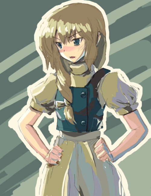 itacha (artist), kirisame marisa, touhou, looking away, 1girl, :o, apron, blonde hair, blue eyes, blush, braid, cowboy shot, female focus, hands on own hips, no headwear, open mouth, puffy short sleeves, puffy sleeves, short sleeves, single braid, solo, sweatdrop, waist apron